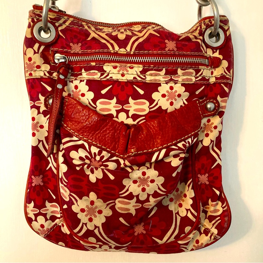 Fossil Crossbody 10”x11” Red Floral Leather Canvas Bag